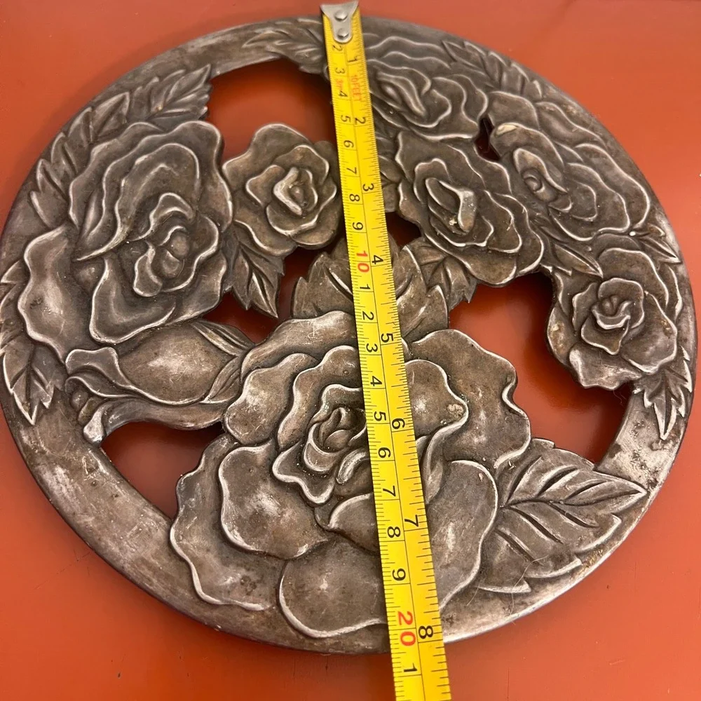 Vintage Silver Tone Metal Rose Floral Trivet Round Hot Plate 8 Inch Cottagecore